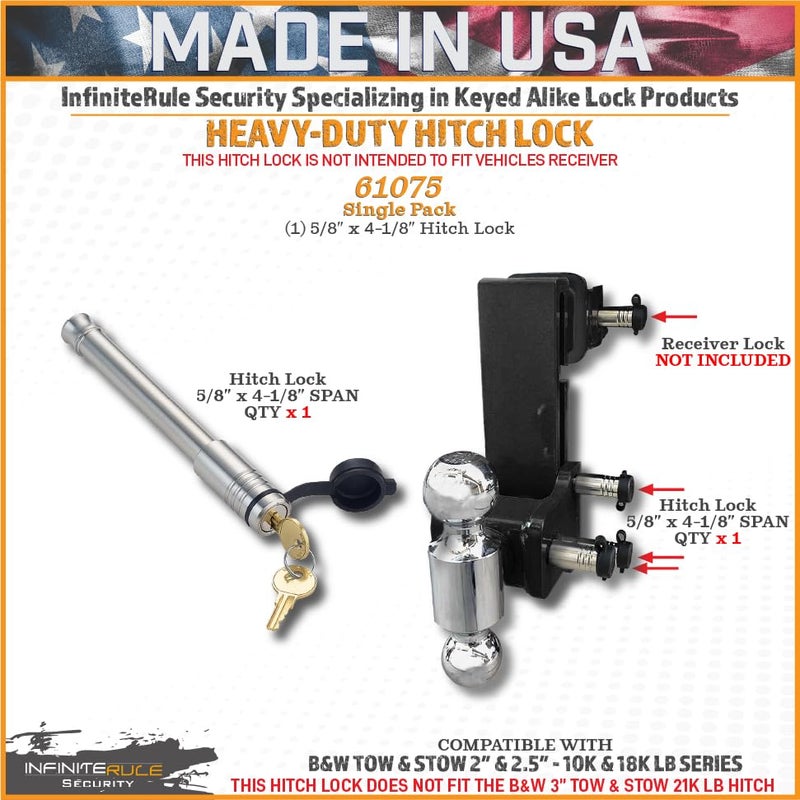 InfiniteRule Security 61575 | 2 Pack, Keyed Alike, Hitch Locks for B&W 2" & 2.5" Tow and Stow 10K LB & 18K LB - Fits Adjustable Ball Mount Only - Does NOT FIT Vehicle Receiver - Image 2